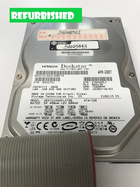 The Mitel 3300 80GB Hard Drive (50005443) features: • 80 GB • +12V 0.52A • +5V 0.72A • Refurbished • One Year Warranty